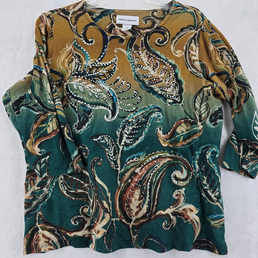 Alfred Dunner Top Womens Size M Shirt Green Paisley Embellished 3/4 Sleeve
